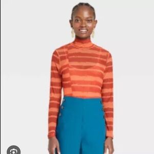 Striped Mesh Mock Neck Long Sleeve Top